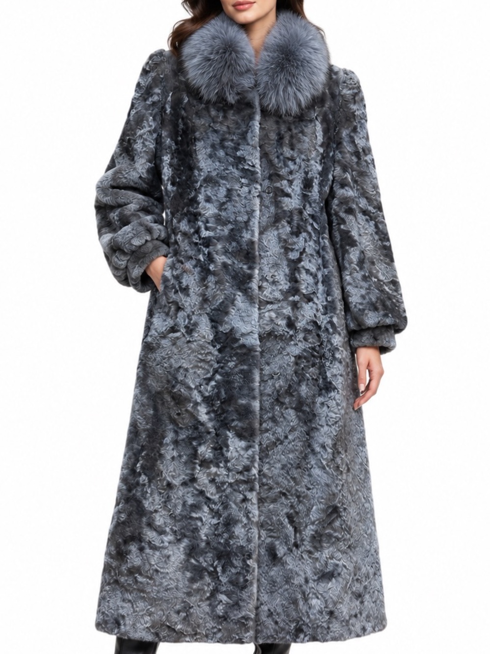 Vintage Herman Furs Toronto Grey Broadtail / Persian Lamb Fur Coat with Fox Fur